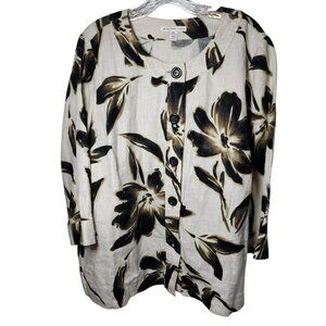 JM Collection 16W 100% Linen Button Front Blouse Floral Print Beige Black